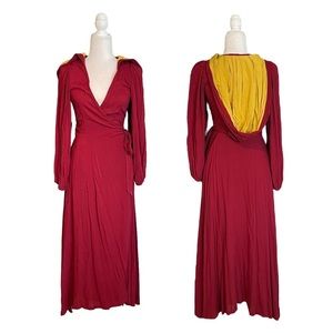 The Oblong Box Shop Maroon Burgundy Yellow Gold Hooded Wrap Maxi Dress M/L